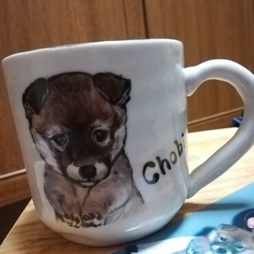 写真で絵付けをしてもらいました。愛用のマグカップです