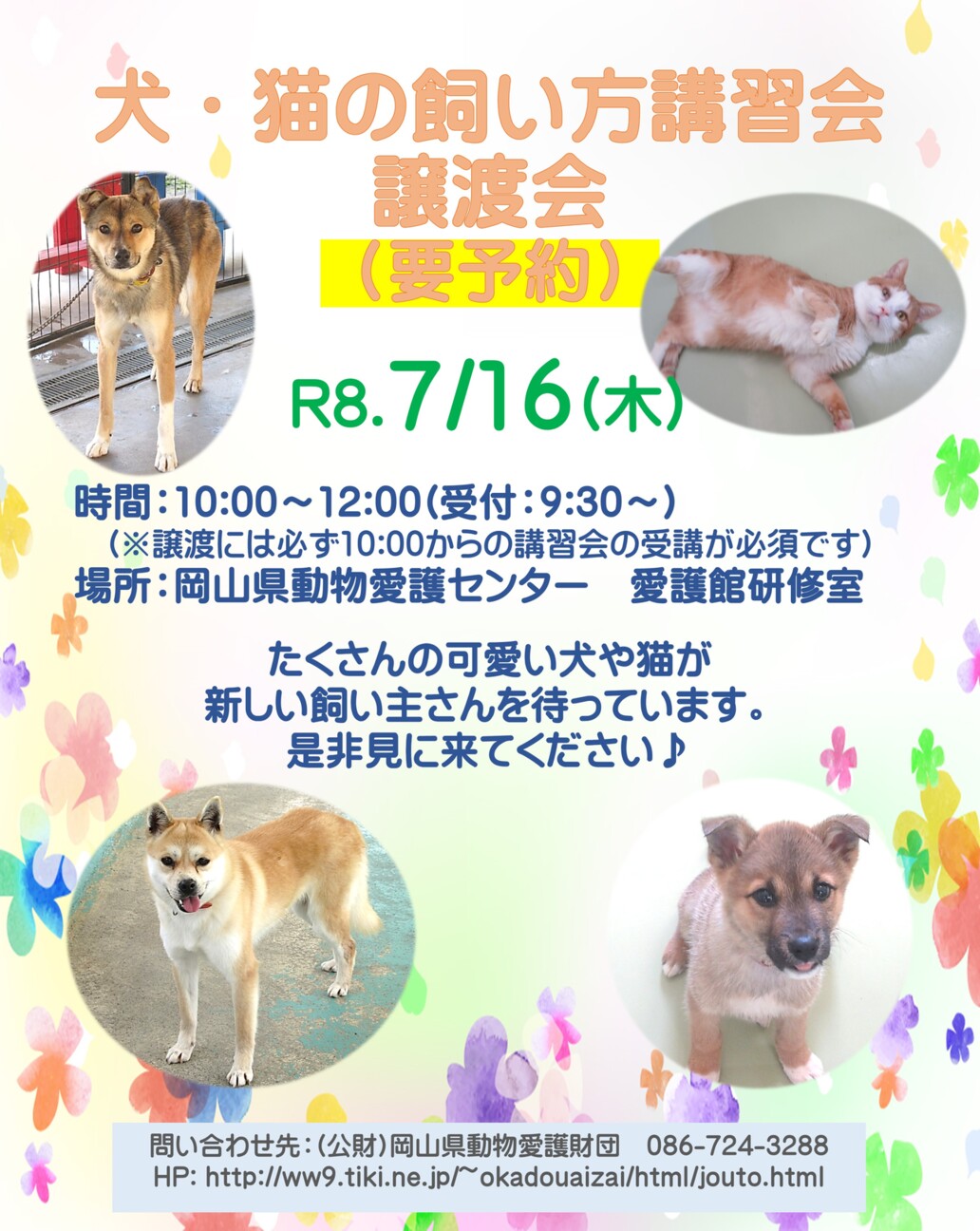 犬・猫の飼い方講習会・譲渡会」（公益財団法人岡山県動物愛護財団の